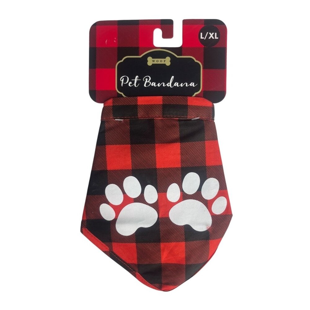 Buffalo Plaid Pet Bandana L/XL Red Black Paw Print By Woof Adjustable Cotton